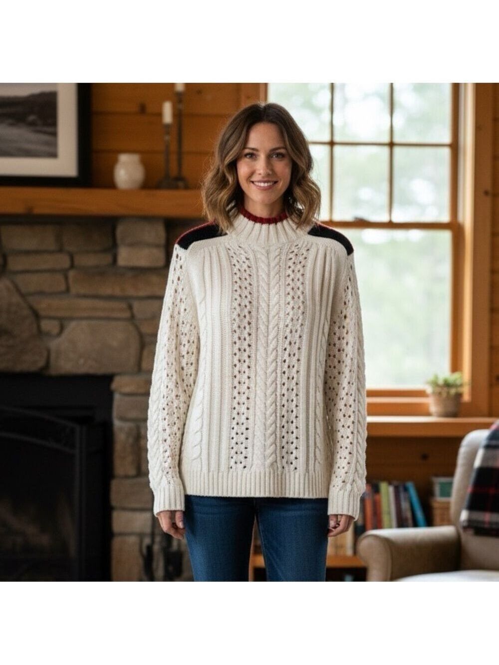 JOHN + JENN Super Soft Easy Care Acrylic Cable Knit Long Sleeve Sweater US Sz S